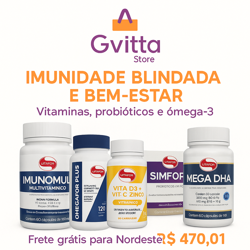 Kit Imunidade Blindada e Bem-Estar - Imunomult Vitafor, Omegafor Plus, VITA D3 + VITA C com Zinco, SIMFORT® Sache, MEGA DHA 60 Caps Gvitta Store