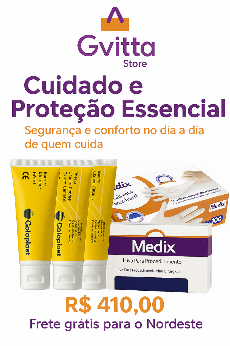 Kit Cuidado e Proteção Essencial - 5 unidades do Creme Barreira Comfeel Coloplast (60ml) + 2 caixas de Luva de Procedimento Latex Medix (100 unidades cada) Gvitta Store