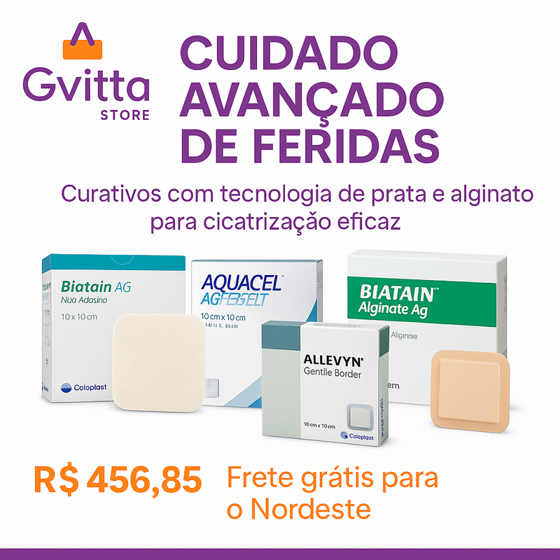 Kit Cuidado Avançado de Feridas: Cicatrização Rápida, Segura e Eficiente - Biatain AG Não Adesivo 10x10cm - Aquacel AG+ Extra Prata 10x10cm - Biatain Alginate Ag 10x10cm - ALLEVYN Gentle Border 10x10cm&nbsp Gvitta Store